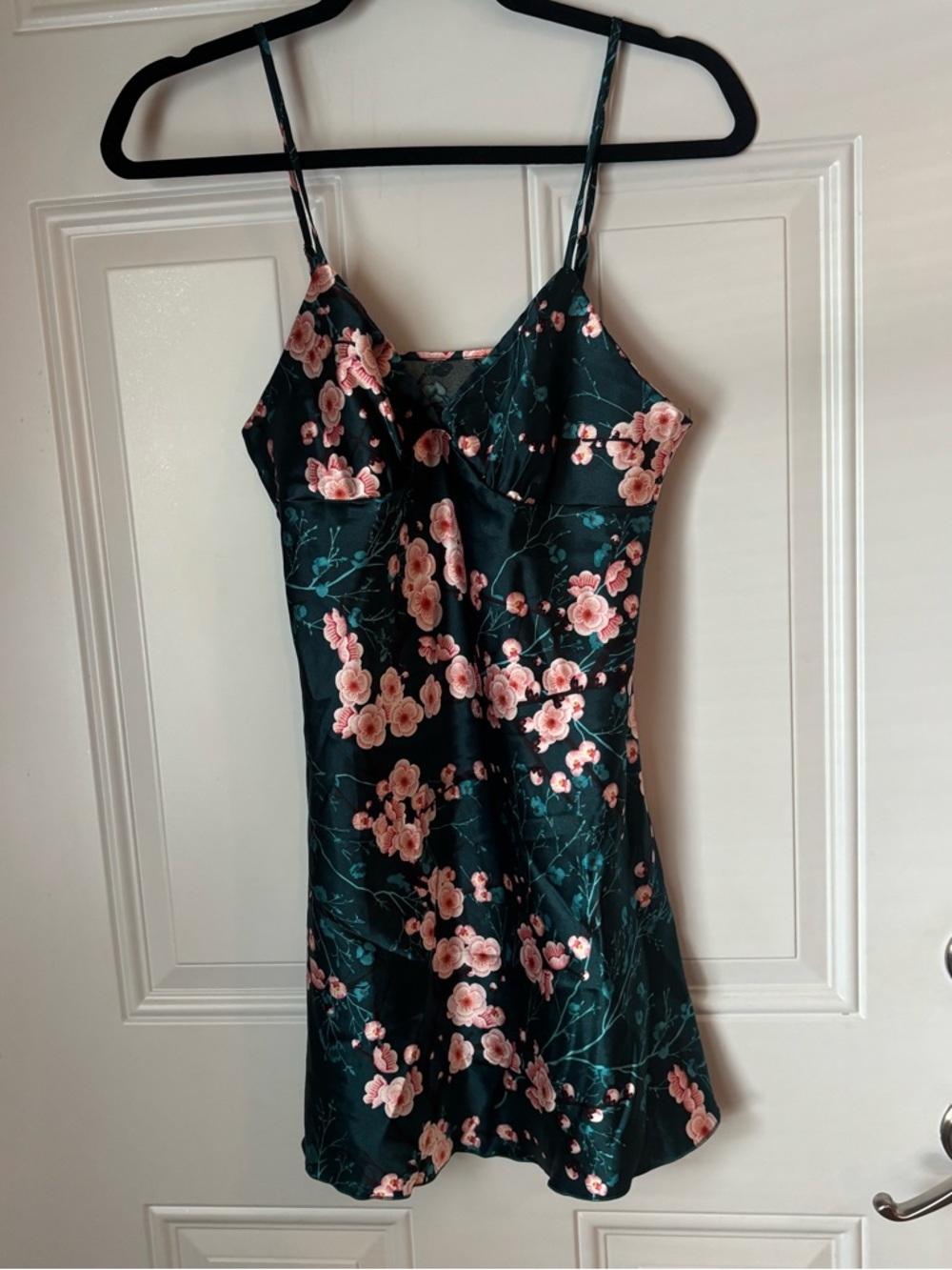 Floral Satin Slip Dress in Dark Teal with Pink Blossoms